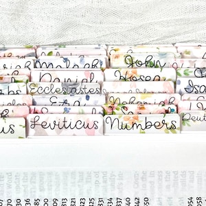 Puede incluir: Un primer plano de una Biblia blanca con pesta&ntilde;as florales coloridas que marcan cada libro de la Biblia. Las pesta&ntilde;as incluyen los nombres de los libros, como G&eacute;nesis, &Eacute;xodo, Lev&iacute;tico, N&uacute;meros, Deuteronomio, Josu&eacute;, Jueces, Rut, 1 Samuel, 2 Samuel, 1 Reyes, 2 Reyes, 1 Cr&oacute;nicas, 2 Cr&oacute;nicas, Esdras, Nehem&iacute;as, Ester, Job, Salmos, Proverbios, Eclesiast&eacute;s, Cantar de los Cantares, Isa&iacute;as, Jerem&iacute;as, Lamentaciones, Ezequiel, Daniel, Oseas, Joel, Am&oacute;s, Abd&iacute;as, Jon&aacute;s, Miqueas, Nah&uacute;m, Habacuc, Sofon&iacute;as, Hageo, Zacar&iacute;as, Malaqu&iacute;as, Mateo, Marcos, Lucas, Juan, Hechos, Romanos, 1 Corintios, 2 Corintios, G&aacute;latas, Efesios, Filipenses, Colosenses, 1 Tesalonicenses, 2 Tesalonicenses, 1 Timoteo, 2 Timoteo, Tito, Filem&oacute;n, Hebreos, Santiago, 1 Pedro, 2 Pedro, 1 Juan, 2 Juan, 3 Juan, Judas y Apocalipsis.