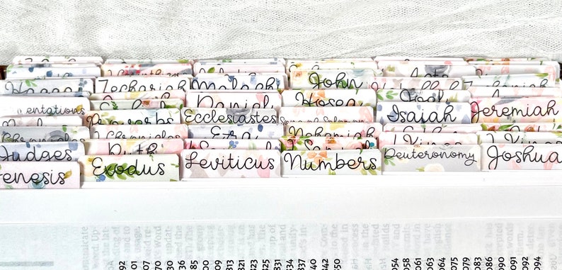Puede incluir: Un primer plano de una Biblia blanca con pesta&ntilde;as florales coloridas que marcan cada libro de la Biblia. Las pesta&ntilde;as incluyen los nombres de los libros, como G&eacute;nesis, &Eacute;xodo, Lev&iacute;tico, N&uacute;meros, Deuteronomio, Josu&eacute;, Jueces, Rut, 1 Samuel, 2 Samuel, 1 Reyes, 2 Reyes, 1 Cr&oacute;nicas, 2 Cr&oacute;nicas, Esdras, Nehem&iacute;as, Ester, Job, Salmos, Proverbios, Eclesiast&eacute;s, Cantar de los Cantares, Isa&iacute;as, Jerem&iacute;as, Lamentaciones, Ezequiel, Daniel, Oseas, Joel, Am&oacute;s, Abd&iacute;as, Jon&aacute;s, Miqueas, Nah&uacute;m, Habacuc, Sofon&iacute;as, Hageo, Zacar&iacute;as, Malaqu&iacute;as, Mateo, Marcos, Lucas, Juan, Hechos, Romanos, 1 Corintios, 2 Corintios, G&aacute;latas, Efesios, Filipenses, Colosenses, 1 Tesalonicenses, 2 Tesalonicenses, 1 Timoteo, 2 Timoteo, Tito, Filem&oacute;n, Hebreos, Santiago, 1 Pedro, 2 Pedro, 1 Juan, 2 Juan, 3 Juan, Judas y Apocalipsis.