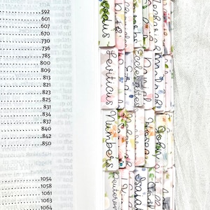 Puede incluir: Un primer plano de un libro blanco con pesta&ntilde;as con estampado floral para cada libro de la Biblia. Las pesta&ntilde;as est&aacute;n etiquetadas con los nombres de los libros, incluyendo G&eacute;nesis, &Eacute;xodo, Lev&iacute;tico, N&uacute;meros, Deuteronomio, Josu&eacute;, Jueces, Rut, 1 Samuel, 2 Samuel, 1 Reyes, 2 Reyes, 1 Cr&oacute;nicas, 2 Cr&oacute;nicas, Esdras, Nehem&iacute;as, Ester, Job, Salmos, Proverbios, Eclesiast&eacute;s, Cantar de los Cantares, Isa&iacute;as, Jerem&iacute;as, Lamentaciones, Ezequiel, Daniel, Oseas, Joel, Am&oacute;s, Abd&iacute;as, Jon&aacute;s, Miqueas, Nah&uacute;m, Habacuc, Sofon&iacute;as, Hageo, Zacar&iacute;as, Malaqu&iacute;as, Mateo, Marcos, Lucas, Juan, Hechos, Romanos, 1 Corintios, 2 Corintios, G&aacute;latas, Efesios, Filipenses, Colosenses, 1 Tesalonicenses, 2 Tesalonicenses, 1 Timoteo, 2 Timoteo, Tito, Filem&oacute;n, Hebreos, Santiago, 1 Pedro, 2 Pedro, 1 Juan, 2 Juan, 3 Juan, Judas y Apocalipsis.