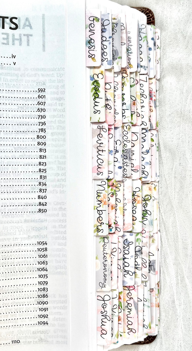 Puede incluir: Un primer plano de un libro blanco con pesta&ntilde;as con estampado floral para cada libro de la Biblia. Las pesta&ntilde;as est&aacute;n etiquetadas con los nombres de los libros, incluyendo G&eacute;nesis, &Eacute;xodo, Lev&iacute;tico, N&uacute;meros, Deuteronomio, Josu&eacute;, Jueces, Rut, 1 Samuel, 2 Samuel, 1 Reyes, 2 Reyes, 1 Cr&oacute;nicas, 2 Cr&oacute;nicas, Esdras, Nehem&iacute;as, Ester, Job, Salmos, Proverbios, Eclesiast&eacute;s, Cantar de los Cantares, Isa&iacute;as, Jerem&iacute;as, Lamentaciones, Ezequiel, Daniel, Oseas, Joel, Am&oacute;s, Abd&iacute;as, Jon&aacute;s, Miqueas, Nah&uacute;m, Habacuc, Sofon&iacute;as, Hageo, Zacar&iacute;as, Malaqu&iacute;as, Mateo, Marcos, Lucas, Juan, Hechos, Romanos, 1 Corintios, 2 Corintios, G&aacute;latas, Efesios, Filipenses, Colosenses, 1 Tesalonicenses, 2 Tesalonicenses, 1 Timoteo, 2 Timoteo, Tito, Filem&oacute;n, Hebreos, Santiago, 1 Pedro, 2 Pedro, 1 Juan, 2 Juan, 3 Juan, Judas y Apocalipsis.
