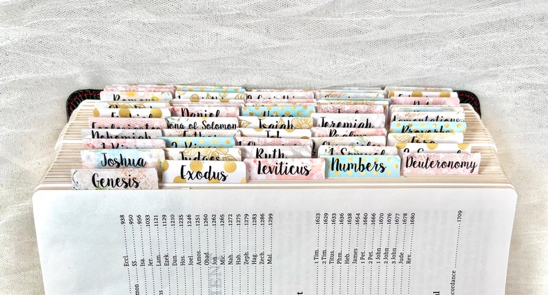 May include: A close-up of a Bible with colorful tabs marking each book of the Bible. The tabs have a variety of patterns and include gold accents. The tabs are labeled with the names of the books of the Bible, including Genesis, Exodus, Leviticus, Numbers, Deuteronomy, Joshua, Judges, Ruth, 1 Samuel, 2 Samuel, 1 Kings, 2 Kings, 1 Chronicles, 2 Chronicles, Ezra, Nehemiah, Esther, Job, Psalms, Proverbs, Ecclesiastes, Song of Solomon, Isaiah, Jeremiah, Lamentations, Ezekiel, Daniel, Hosea, Joel, Amos, Obadiah, Jonah, Micah, Nahum, Habakkuk, Zephaniah, Haggai, Zechariah, Malachi, Matthew, Mark, Luke, John, Acts, Romans, 1 Corinthians, 2 Corinthians, Galatians, Ephesians, Philippians, Colossians, 1 Thessalonians, 2 Thessalonians, 1 Timothy, 2 Timothy, Titus, Philemon, Hebrews, James, 1 Peter, 2 Peter, 1 John, 2 John, 3 John, Jude, and Revelation.