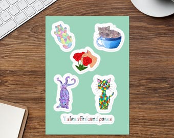 Feuille d'autocollants chats fantaisistes – Stickers glacés dessinés à la main pour agendas, journaux et ordinateurs portables