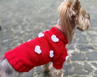 Red heart white sweater for pet, Sweater with heart, Sweater for dog, Sweater for cat, Heart sweater