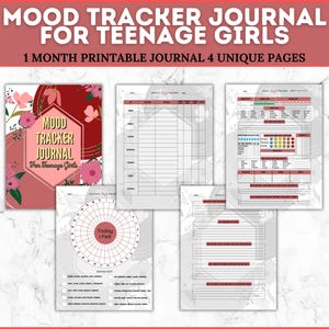 May include: Printable mood tracker journal for teenage girls. The cover features a red hexagon with the text "Mood Tracker Journal for Teenage Girls" and pink floral designs. The journal includes four unique pages, including a mood tracker wheel, a daily mood log, a monthly mood tracker, and a mood key.