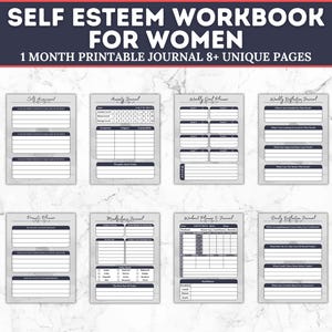 May include: A printable self-esteem workbook for women. The workbook includes a monthly journal, weekly goal planner, weekly reflection journal, daily reflection journal, and more.