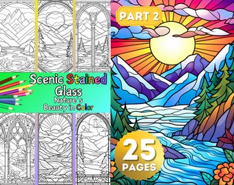 Scenic Stained Glass Part 2 Landscapes in Color 50 Nature-Themed Coloring Pages for Relaxation & Creativity, Stunning Stained Glass Designs