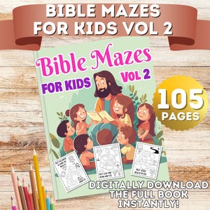 Op de afbeelding: Een kleurrijke boekomslag met de titel "Bible Mazes for Kids Vol 2" en een illustratie van kinderen en een man met een baard. Het boek heeft 105 pagina's en is beschikbaar voor digitale download.