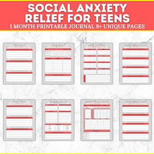 May include: Printable journal pages for teens with a pink and gray color scheme. The pages include titles such as "Self Assessment", "Anxiety Journal", "Weekly Goal Planner", "Weekly Reflection Journal", "Prompt Planner", "Mindfulness Journal", "Workout Planner & Journal", and "Body Reflection Journal".