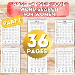 Op de afbeelding: Een set van 36 afdrukbare woordzoekpuzzels voor vrouwen. De puzzels zijn zwart-wit en bevatten de woorden "Positive Self Love" en "Part 1" in gele tekst.