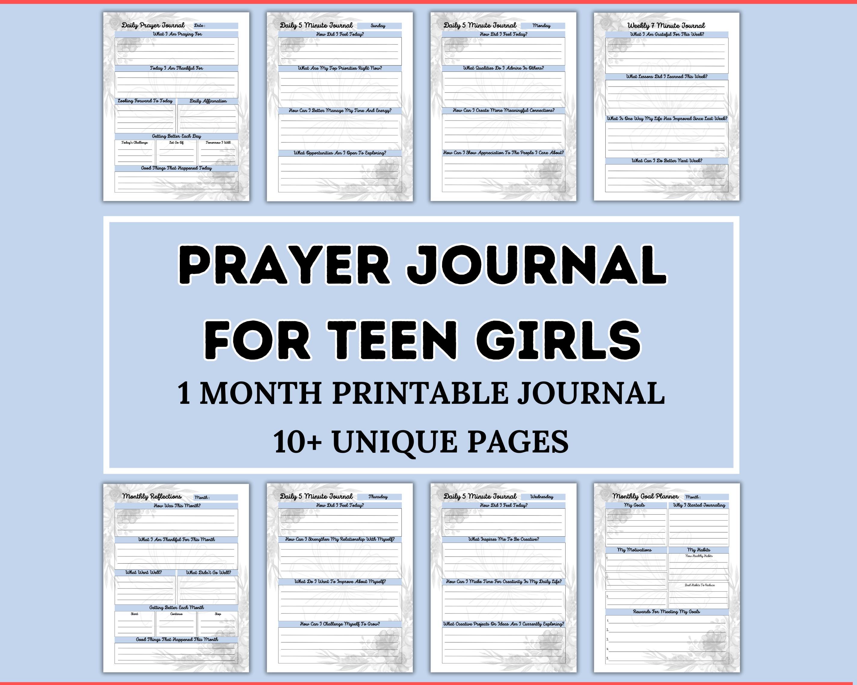 Prayer Journal for Teen Girls, One Month Printable Journal, 10+ Unique Pages, Gratitude, Self Help Guided Inspirational Prayer Mindfulness