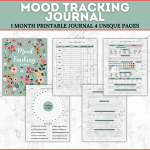 May include: Printable mood tracking journal with four pages. The cover features a floral design with the text "Mood Tracking Journal". The pages include a mood tracker, a daily mood log, and a mood key.