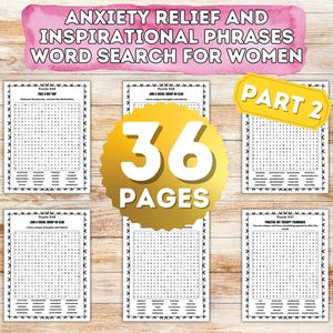 Op de afbeelding: Een printbaar woordzoeker-puzzelboekje voor vrouwen. De omslag heeft de titel "Anxiety Relief and Inspirational Phrases Word Search for Women" in roze en witte tekst. Het boekje bevat 36 pagina's en is gemarkeerd met "Deel 2".