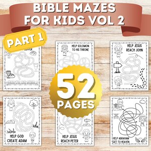 May include: A set of 52 black and white printable Bible maze activity pages for kids. The pages feature different Bible stories, such as helping Solomon to his throne, helping Jesus reach John, helping God create Adam, helping Jesus reach Peter, and helping Abraham get to heaven.