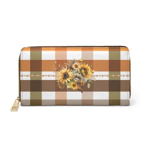 Sunflower Gingham Zipper Wallet | Boho Floral PU Leather Accessory
