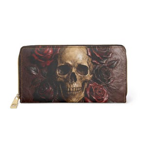 Floral Skull Zipper Wallet, Day of the Dead Accessory, Unique Skull Purse, Floral Wallet for Halloween, Gift for Her