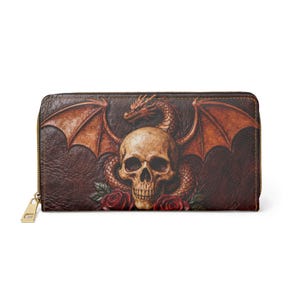 Portafoglio con cerniera a forma di teschio di drago gotico, accessori in ecopelle dal design audace, moda di Halloween