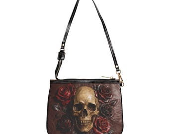 Gothic Floral Skull Shoulder Bag, Edgy PU Leather Crossbody Purse