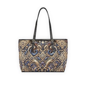 Elegantes Blumenmuster und geometrisches Muster in Gold und Blau - Schultertasche aus PU-Leder