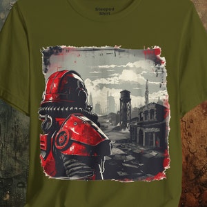 Wasteland Watcher Unisex Shirt | Post-apocalyptic Armor and Ruined Buildings | Adventure and Legacy | Gamer Tee | Video Game Nerd Tshirt