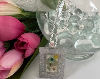 Miniature Resin Frame with Tiny Dried Flowers on a 30 inch Silver tone Chain