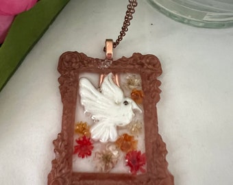 White Dove in Miniature Frame with Real Flowers - 24 inch Copper Tone Chain