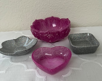Trinket Dishes - Set of 4 - Deep Pink and Silver