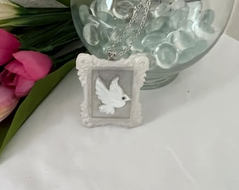 Miniature Frame with White Dove - 30 Inch Silver Tone Chain