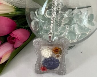Miniature Frame Flower Necklace on 30 inch Silver Tone Chain
