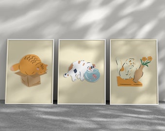 Estetiska katter digitalt väggkonsttryck, bedårande kattposter, söt kattposter, konstnärlig kattposter, kattälskarepresent, flickposter, kattkonst