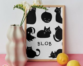 Black Cat Digital Wall Art Print, Cute Cat Poster, Adorable Kitten Illustration, Cat Lover Gift, Minimalist Digital Wall Art Print
