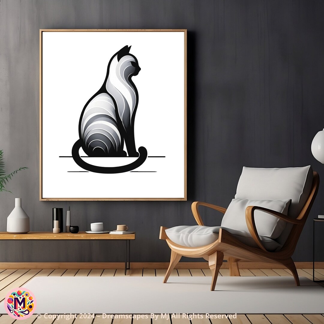 Stylish Cat Digital Wall Art Print, Minimalist Cat Poster, Black and ...