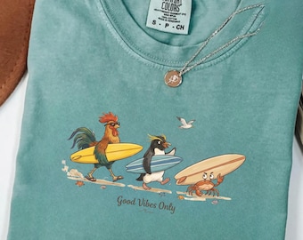 Good Vibes Only Surf Shirt Rooster Penguin Crab Surf Tee | Summer Retro Beach Animal