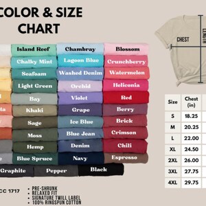 May include: A color and size chart for a t-shirt, model CC 1717, featuring a grid of folded fabric swatches in various colors with labels like White, Navy, and Black. Includes a diagram showing chest and length measurements in inches.