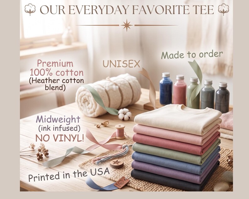 May include: A stack of folded t-shirts in various solid colors including cream, pink, mauve, sage green, blue, purple, and black. The image includes text: OUR EVERYDAY FAVORITE TEE, Premium 100% cotton (Heather cotton blend), UNISEX, Midweight (ink infused) NO VINYL!, Printed in the USA.