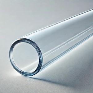 May include: A clear glass tube with a smooth, rounded edge. The tube is lying on a white surface.