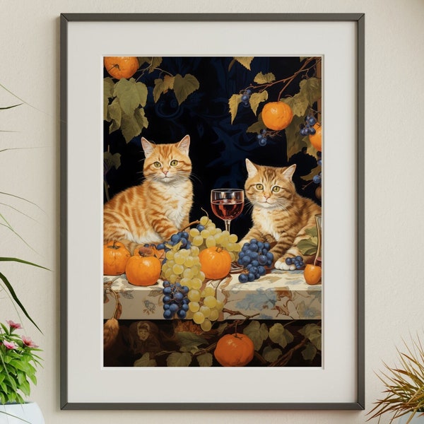 Fanciful Felines and Wine: A Vintage Gouache Tablescape Painting in Rich Hues, Downloadable Print