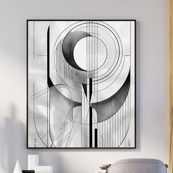 Elegant Futurism: Bauhaus-Inspired Black & White Ink Schema, Mid-Century Modern, Downloadable Print