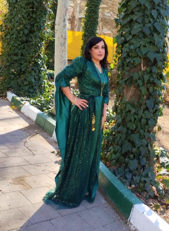 green dress with gold belt A-Line Prom Dress Green Satin Off Shoulder Surplice Pleats Slit, Gold Belt main image 0