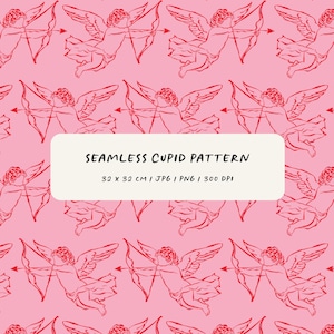 Puede incluir: Un patrón sin costuras con ilustraciones de Cupido rojas con arcos y flechas sobre un fondo rosa. El texto "SEAMLESS CUPID PATTERN" se muestra en un rectángulo blanco. El patrón mide 32 x 32 cm.