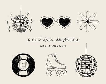 Disco Ball PNG SVG Clipart Pack. Retro Line Art Icons for Party Invitations, Weddings, 70s Disco, Vinyl, Celebration Decor. Digital Download