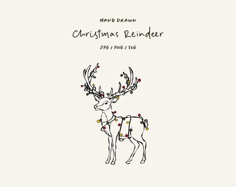 Hand-drawn Christmas reindeer illustration. Reindeer icon with colorful lights. Whimsical Christmas clipart in JPG, PNG, and SVG formats.