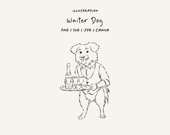 Illustration of a dog with a bottle and glasses. Hand drawn waiter dog. Sketch of a waiter dog for wedding invitations, birthdays