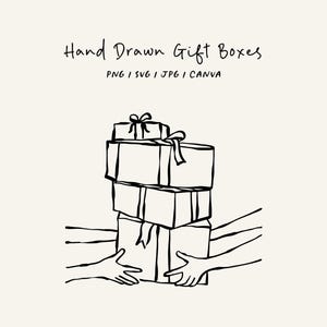 Puede incluir: Un dibujo en blanco y negro de dos manos sosteniendo una pila de cuatro cajas de regalo con lazos en la parte superior. Las cajas están apiladas una encima de la otra y se están pasando de una mano a la otra.