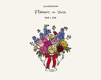 Hand drawn flowers in a vase PNG and JPG. Vase icon with flowers. Flower doodle for invitations, stationery, or branding.