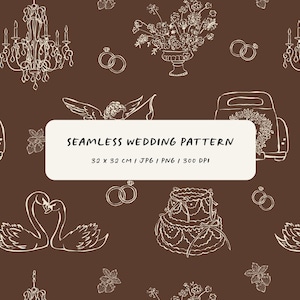Puede incluir: Patrón de boda sin costuras sobre un fondo marrón. El diseño presenta dibujos lineales blancos de elementos de boda, incluyendo candelabros, anillos, flores, una tarta, cisnes y un coche antiguo. El texto de la imagen dice "SEAMLESS WEDDING PATTERN" y "32 x 32 cm".