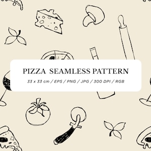Puede incluir: Un patrón sin costuras en blanco y negro con rebanadas de pizza, un rodillo, una copa de vino, una botella de vino, un tomate, un cortador de pizza, un hongo y hojas de albahaca. El texto "PIZZA SEAMLESS PATTERN 33 x 33 cm /EPS/PNG/JPG/300 DPI / RGB" está en la parte inferior de la imagen.