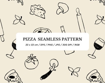Seamless pizza pattern. Repeating background with hand drawn illustrations. Seamless digital paper. Surface pattern. EPS, PNG
