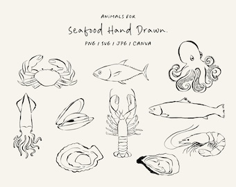 Hand drawn marine animals. Illustration of a lobster and oyster in PNG, SVG, and Canva formats. Seafood. Animal clipart for seafood.