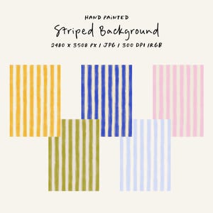 Op de afbeelding: Handgeschilderd gestreept achtergrondontwerp met vijf rechthoekige blokken met verticale strepen in verschillende kleuren: geel, blauw, roze, groen en lichtblauw. De tekst "Striped Background" wordt boven de blokken weergegeven.