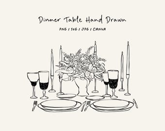 Hand drawn dinner table (SVG, PNG, CANVA). Tablescape for invitations, stationery, or branding. Dinner icon for party invitations.